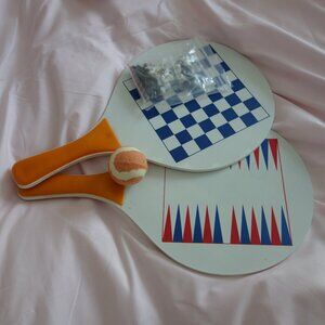 Vintage Chess Checkers Backgammon Paddle Board Game Set